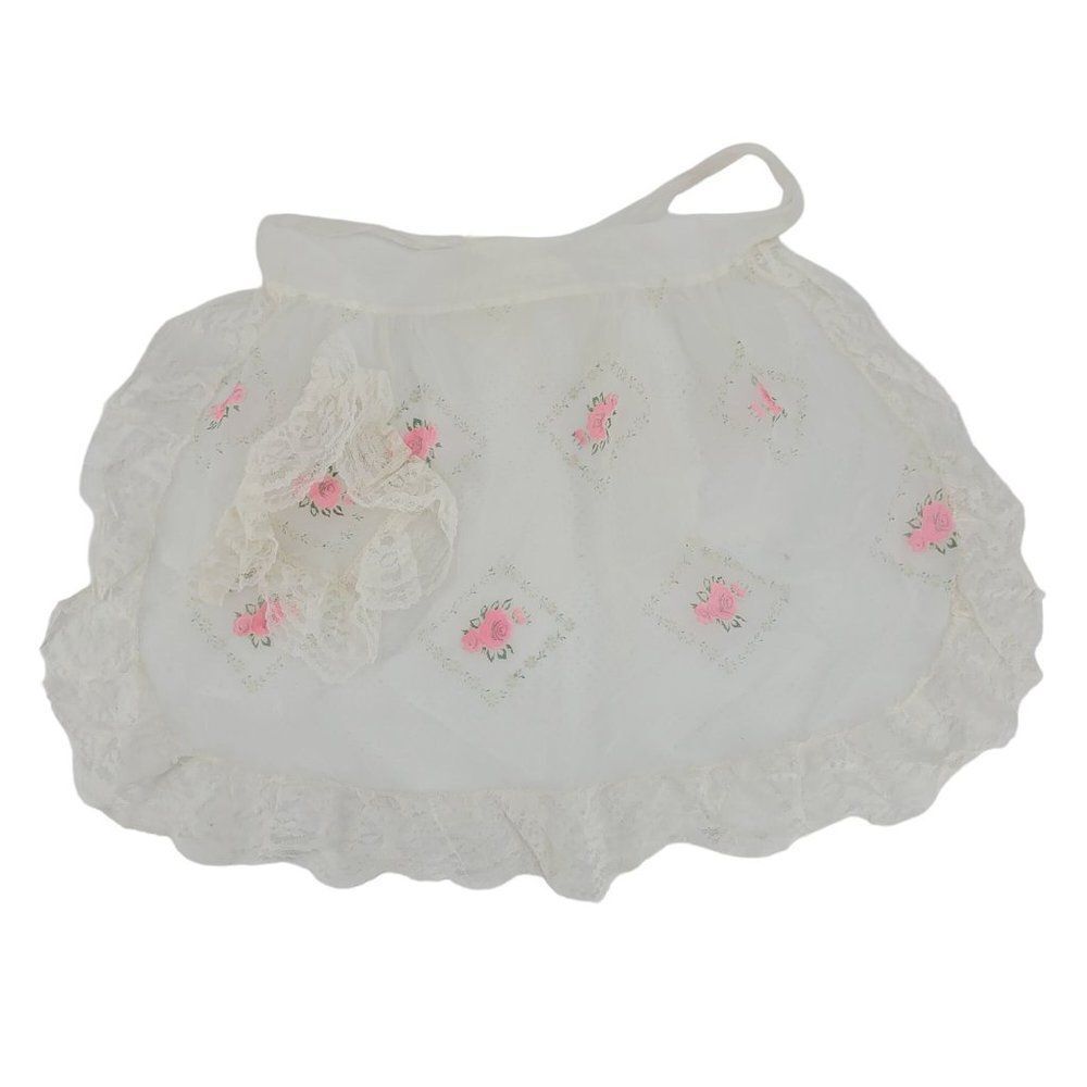 Vintage apron white swiss dot chiffon lace trim ruffle‎ pink floral tie waist